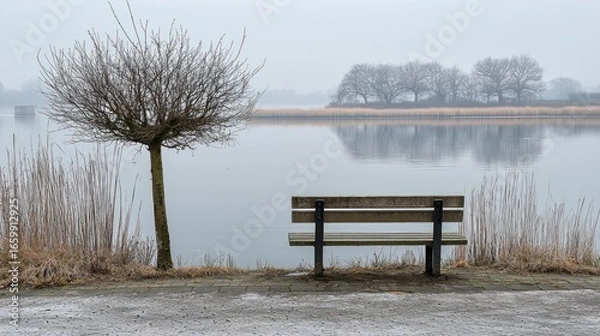 Fototapeta Tranquil Scene of a Lonely Bench by a Serene Water Body in Early Morning Mist