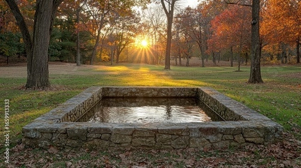 Fototapeta Serene Autumn Retreat Featuring Natural Pond Surrounded by Colorful Trees and Scenic Sunset Light