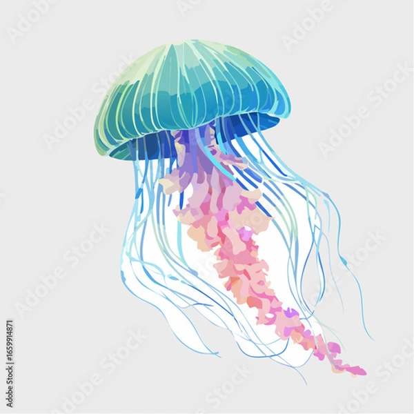 Obraz Flowing rainbow jellyfish with an ink-like texture gracefully swirling through the dark blue water