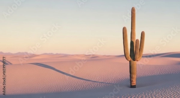 Fototapeta A single saguaro cactus stands tall in a vast desert landscape under a soft, warm light, casting a long shadow on the sand dunes.