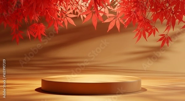 Obraz A circular podium stage is set against a warm brown background with dramatic shadows and overhead branches of vibrant red leaves platform display show