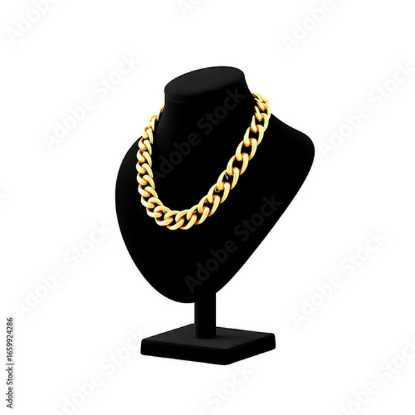 Fototapeta Premium golden chain displayed on a black velvet jewelry bust isolated on white background