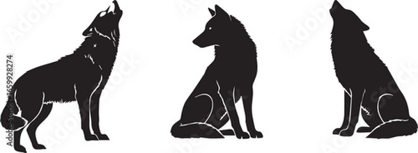 Obraz Three Wolf Poses: Howling, Waiting Sit, Silhouette Vector