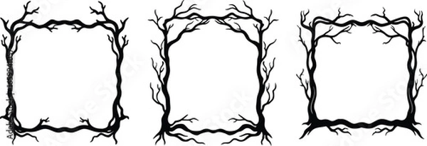 Obraz Vector art of three unique black and white square frames made from twisted tree branches and roots perfect for a spooky or rustic design