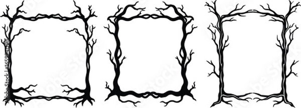 Obraz Vector art of three unique black and white square frames made from twisted tree branches and roots perfect for a spooky or rustic design