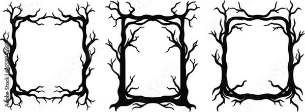 Obraz Vector art of three unique black and white square frames made from twisted tree branches and roots perfect for a spooky or rustic design