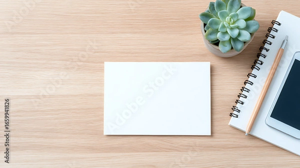 Fototapeta blank postcard mockup on a light wood desk with succulent plant spiral notebook and mobile phone clean modern minimalist workspace setting ideal for stationery invitations or branding