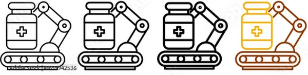 Fototapeta Drug production icon set in modern outline style for medical research, pharmaceutical manufacturing, and healthcare dashboards, featuring multistyle stroke and full color variation set