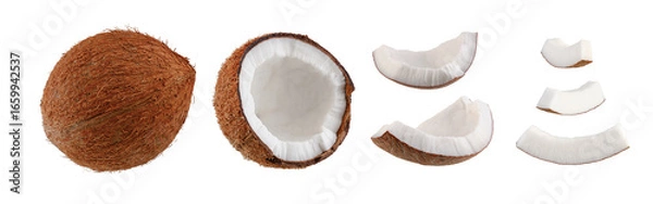 Fototapeta Beautifully retouched coconut set. Whole coconut half big pieces and small slices isolated on white