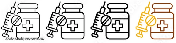 Fototapeta Syringe injection icon set in modern outline style for vaccination programs, hospital UI, and healthcare mobile apps, featuring multistyle stroke and full color variation set