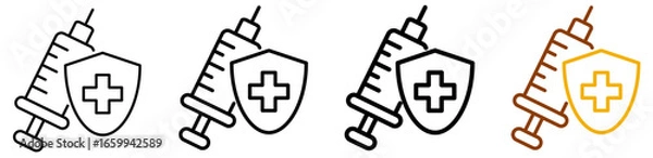 Fototapeta Safety injection icon set in modern outline style for immunization campaigns, medical protection, and health education visuals, featuring multistyle stroke and full color variation set
