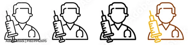 Fototapeta Doctor injection icon set in modern outline style for hospital dashboards, clinical healthcare platforms, and vaccination programs, featuring multistyle stroke and full color variation set