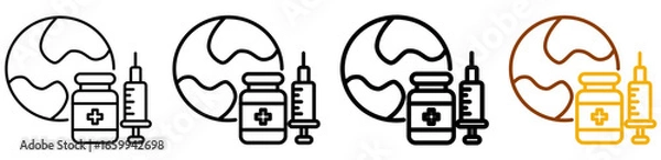 Fototapeta Global vaccination icon set in modern outline style for pandemic control, worldwide immunization initiatives, and health protection platforms, featuring multistyle stroke and full color variation set