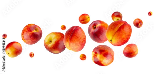 Fototapeta Perfectly retouched nectarines flying and levitating in space.