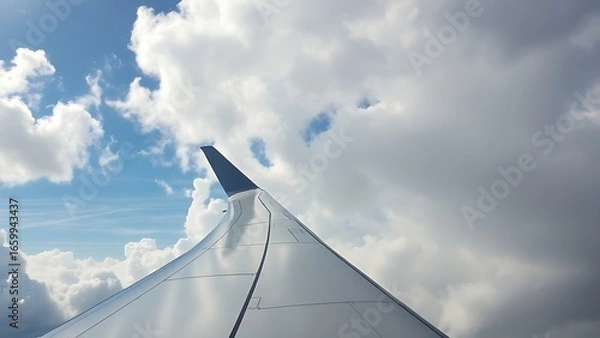 Fototapeta Commercial airliner ascends through a cloudy blue sky, viewed from the wingtip with visible vapor trails.