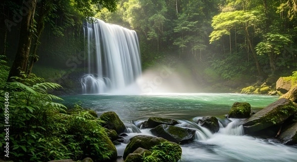 Fototapeta A cascading waterfall plunges into a turquoise pool surrounded by lush green foliage and moss-covered rocks in a vibrant rainforest.