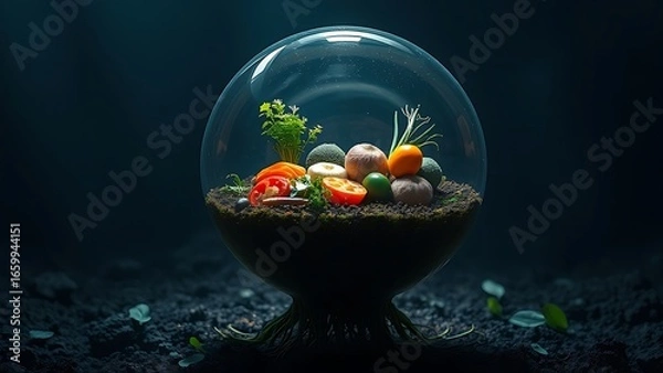 Fototapeta Surreal floating meal inside glowing eco-sphere, roots extending into soil, symbolizing sustainable nutrition.