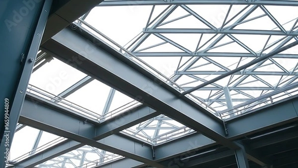 Fototapeta Abstract industrial steel beams create striking patterns in natural construction lighting.