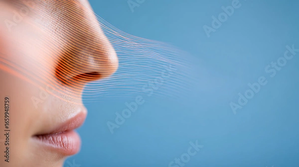 Fototapeta macro side view of human nose with abstract wave patterns orange glow skin smell inhalation illustration of detecting scents through olfactory system concept of fragrance aroma perfume
