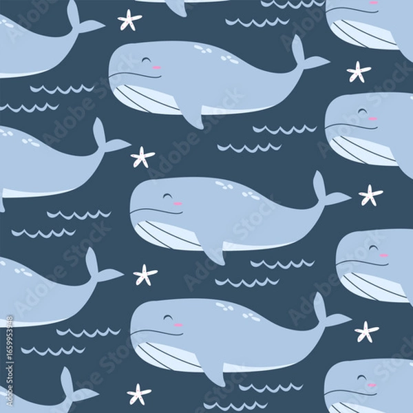 Obraz whales fish sea vector cartoon seamless pattern for kids apparel fullprint fabric