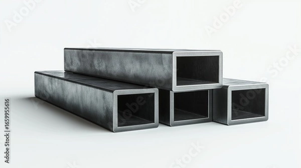 Fototapeta Four steel rectangular tubes stacked vertically on clean white background, minimalist industrial design showcasing metallic texture and geometric precision
