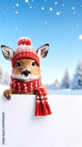 Obraz a charming deer adorned in a winter hat and scarf in a snowy landscape. The adorable deer is peering out and looks cute in the snowscape.
