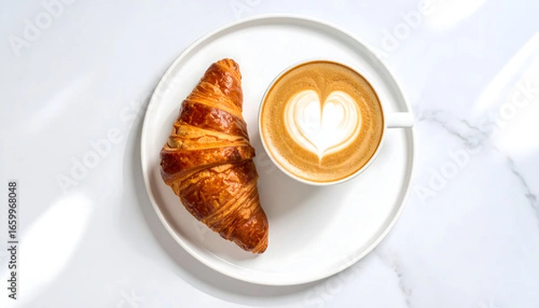 Fototapeta A fresh golden croissant and a cup of cappuccino with heart-shaped latte art on a white plate, viewed from above on a marble surface.