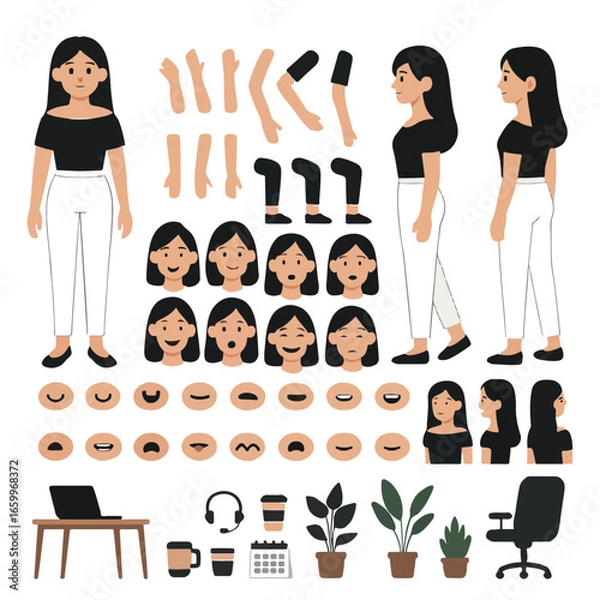 Fototapeta "Vector Female Character Kit – Poses, Expressions, Office Items & Animation Assets"