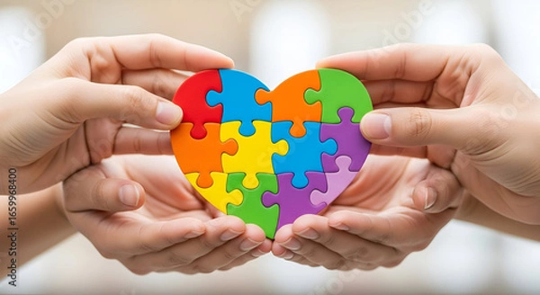 Fototapeta Two hands gently hold a colorful heart-shaped jigsaw puzzle, symbolizing unity and connection.