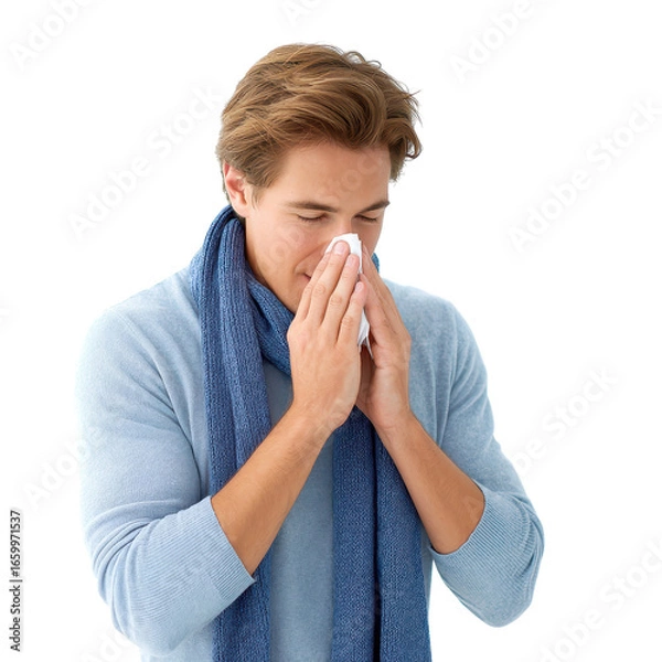 Fototapeta Man sneezing isoleted on transparent background.