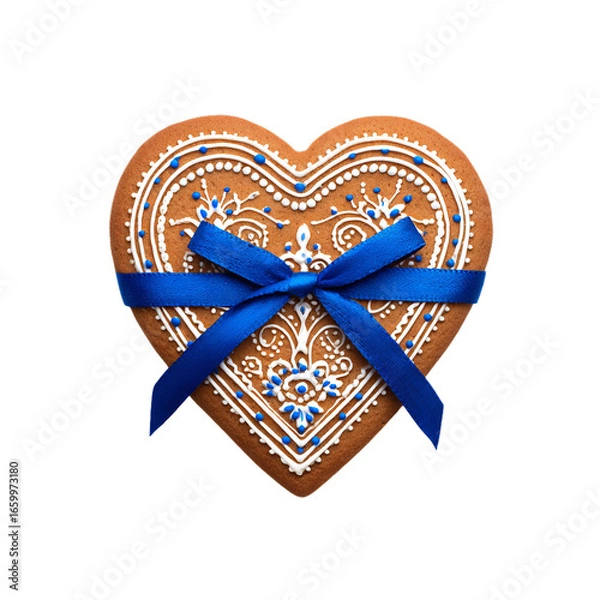 Fototapeta Oktoberfest gingerbread heart cookie with blue ribbon. Isolated white background. Png format