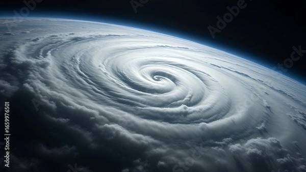 Fototapeta Dramatic hurricane formation viewed from space, showcasing swirling clouds over the ocean.