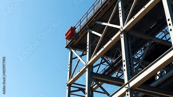 Fototapeta Industrial steel structure with geometric patterns, highlighting construction progress under clear skies.
