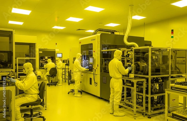 Obraz 最先端の半導体工場、イエロールームで働く技術者たち