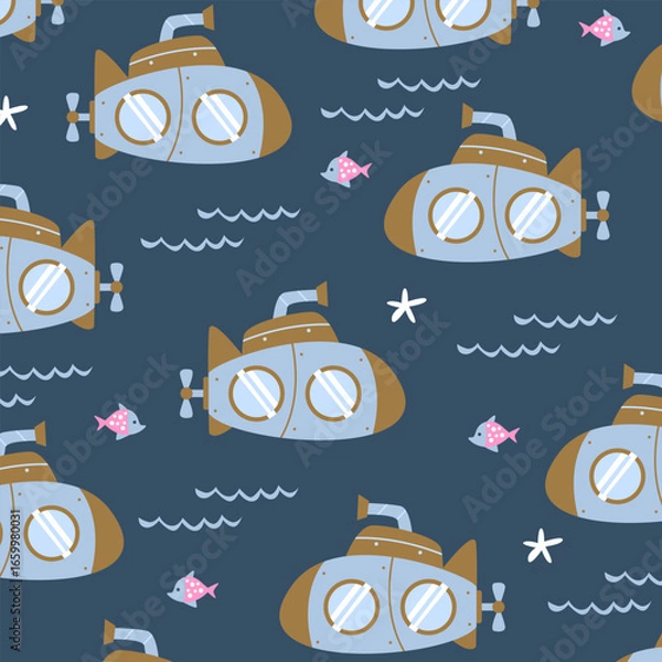 Obraz submarine ship sea background seamless pattern design vector cartoon for kids apparel fullprint fabric