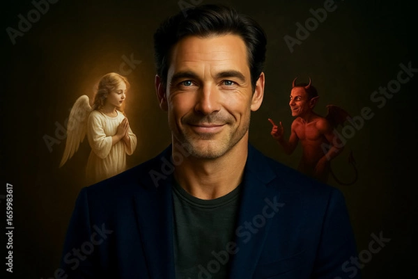 Fototapeta Mature Libra man with devil and angel on shoulders contemplates his choices symbolizing life temptations