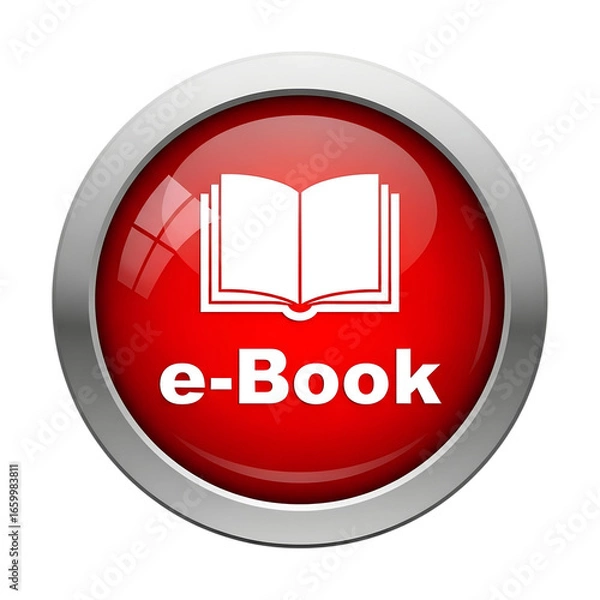 Obraz Red glossy e-book icon with open book symbol and PNG file isolated on white transparent background hd file download.