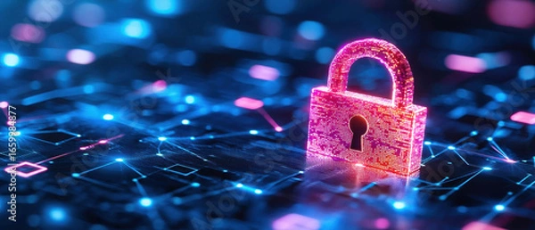 Fototapeta Digital padlock cybersecurity data protection glowing blue and pink network secure technology encryption futuristic abstract background online safety privacy concept