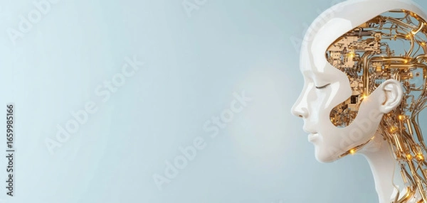 Fototapeta Futuristic robot head with gold circuit details, minimalist background, artificial intelligence concept, technology innovation, serene expression, modern design