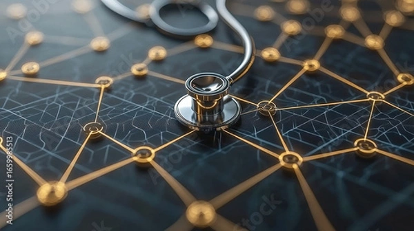 Fototapeta Stethoscope network connection healthcare technology digital medical innovation modern data. stethoscope rests digital network symbolizing modern healthcare technology and data connectivity