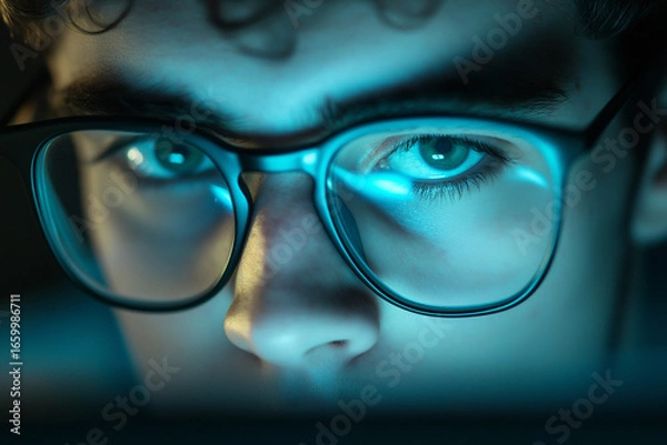 Obraz A young man with glasses in computer light