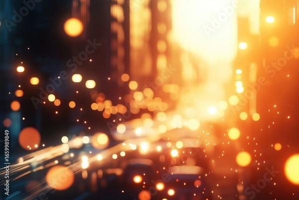 Obraz A glowing urban scene at night, with soft-focus city lights, cars trailing in blurred motion, and the silhouette of tall buildings casting a warm, abstract glow across the scene.