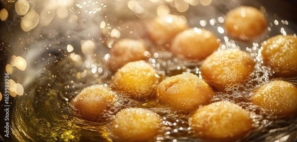 Obraz A golden batch of doughnuts frying in a pan of hot oil, floating and sizzling with perfection, surrounded by shimmering oil and light smoke.