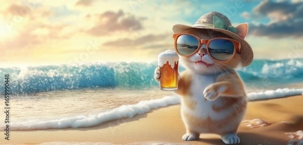 Obraz A happy cat with oversized sunglasses and a summer hat, holding a glass of beer, standing on a golden sandy beach with waves crashing behind.