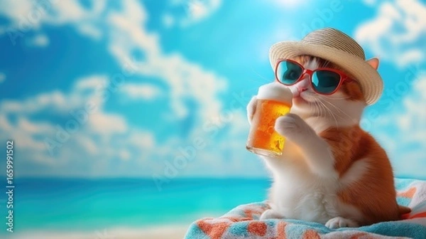 Obraz A humorous cat wearing a beach hat and sunglasses, sipping a cold beer while perched on a beach towel, with a vibrant blue sky and ocean behind.