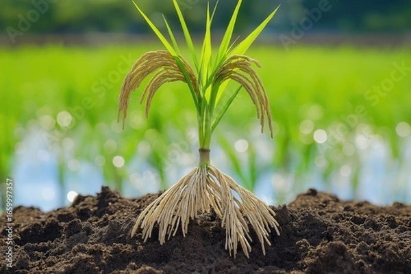 Obraz A young rice plant with long roots being held over the soil, with vibrant green rice fields in the distance and water glistening under the sun.