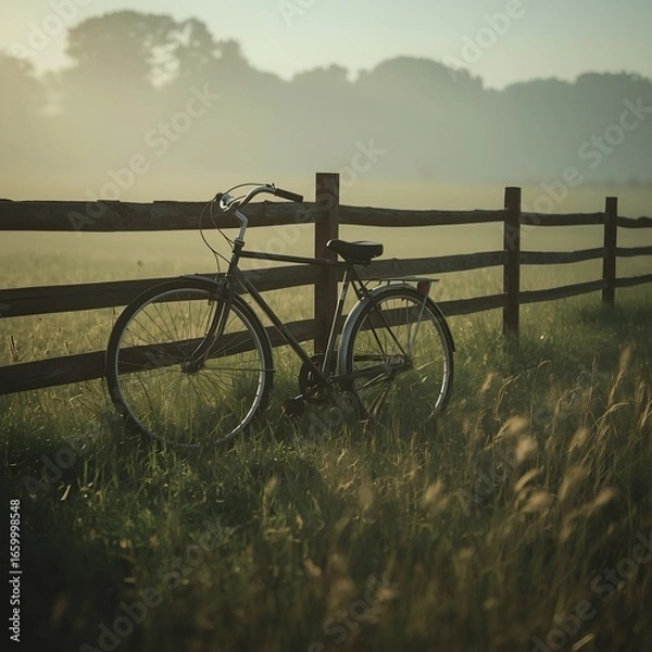 Fototapeta Old Bicycle Resting Against Rustic Wooden Fence in Foggy Countryside