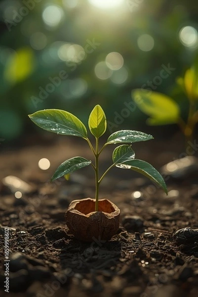 Fototapeta Ultra-Realistic 3D Mango Sapling Growing from Cracked Seed in Sunlight