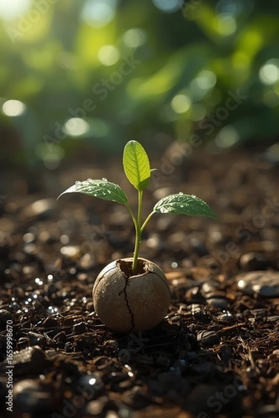 Fototapeta Ultra-Realistic 3D Mango Sapling Growing from Cracked Seed in Sunlight