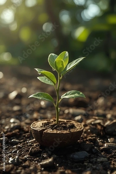 Fototapeta Ultra-Realistic 3D Mango Sapling Growing from Cracked Seed in Sunlight